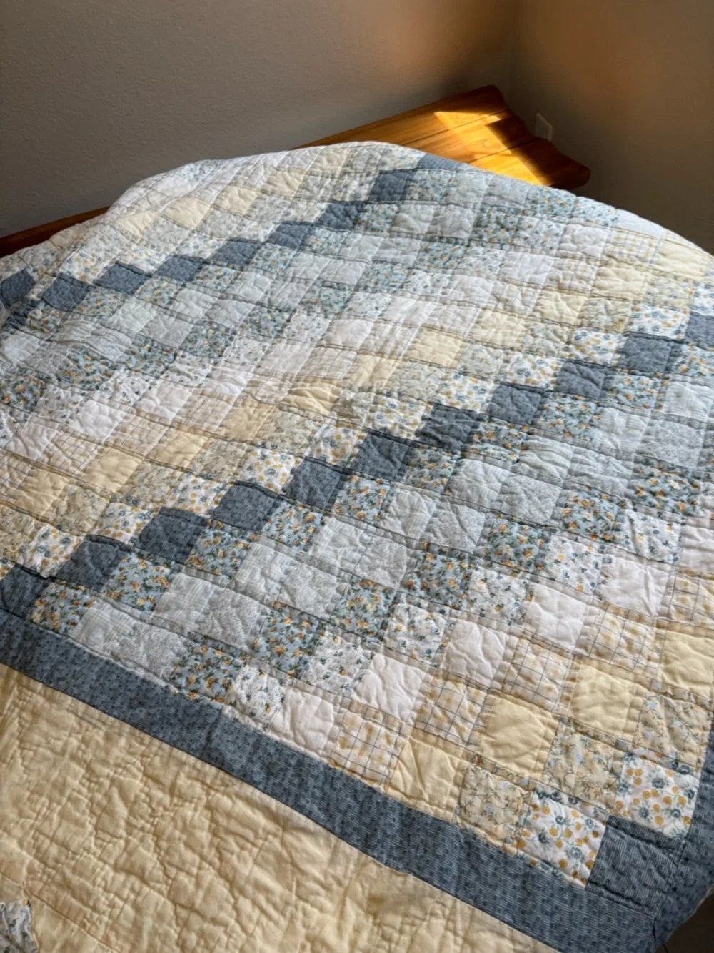 Classic Quilted Bedspread in Cream and Light Blue Handmade Vintage